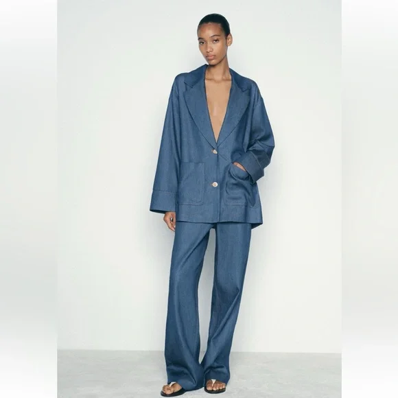 Denim effect Blue Oversized Women's Blazer - Picture 3 of 12